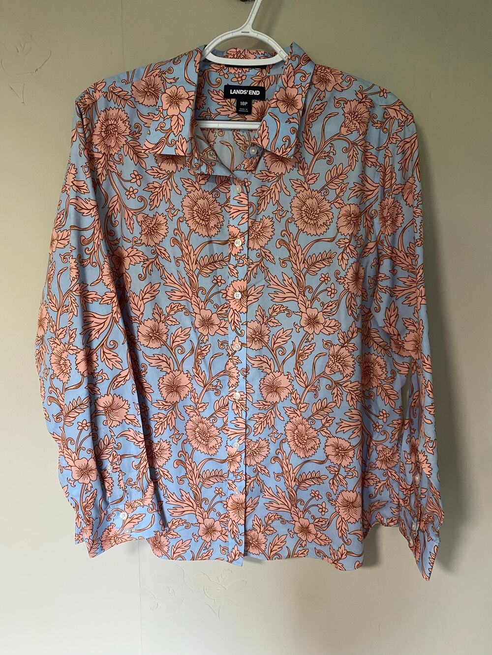 Land's End 100% Pima Cotton Blue & Peach Floral Long Sleeve Shirt Office 18P